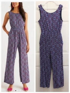 Boden Elisa Pompom Trim Jumpsuit Wide Leg Size 12R Medallion Culotte Boho